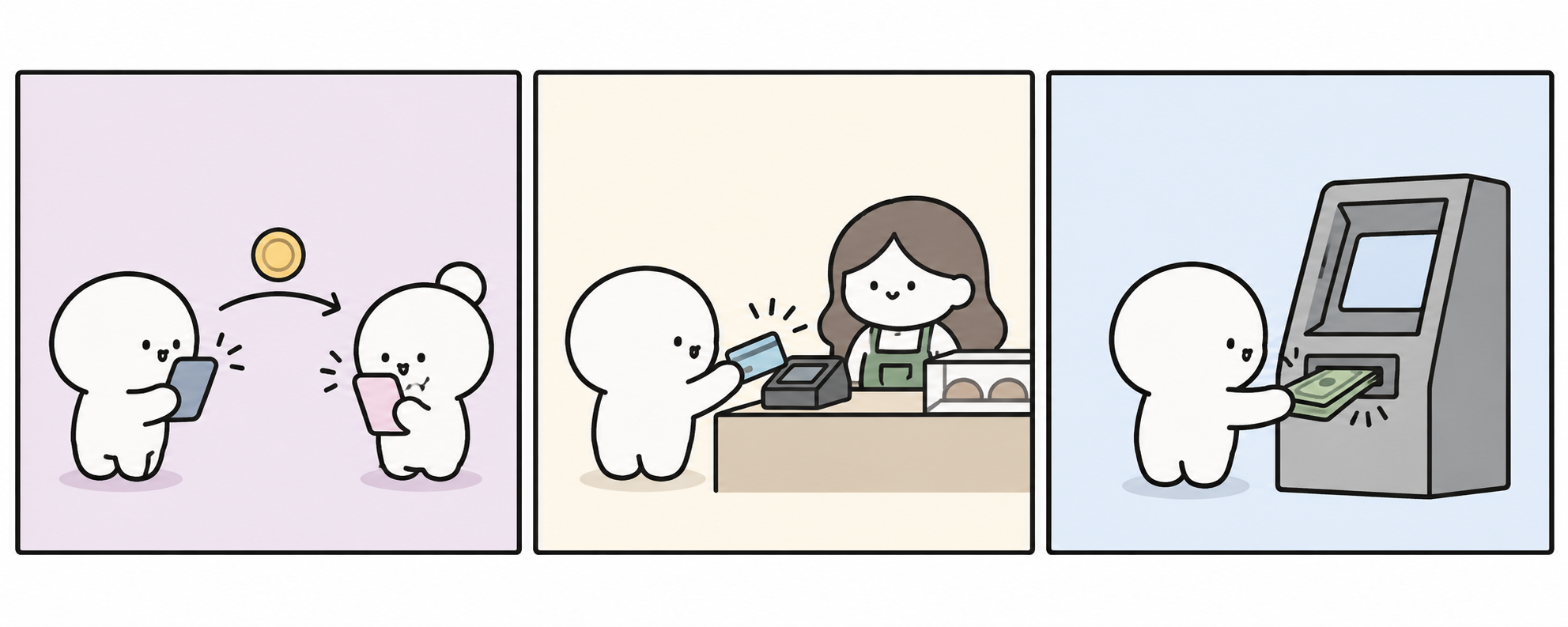 Three-panel comic: sending money, paying by debit card at a café with a long-haired cashier, and withdrawing cash at an ATM
