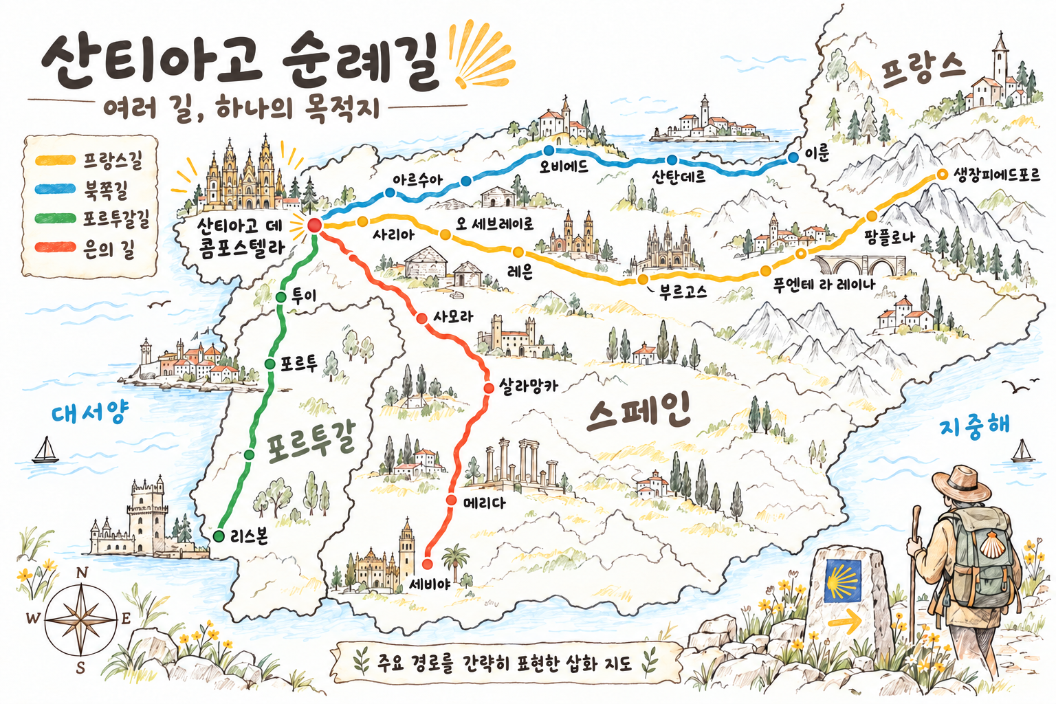 주요 경로를 간략히 표현한 삽화 지도. 실제 축척과 세부 경로를 표시한 길찾기용 지도는 아니다